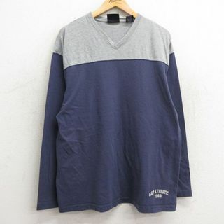 ギャップ(GAP)のXL★古着 ギャップ GAP 長袖 ビンテージ Tシャツ メンズ 00年代 00s ツートンカラー 大きいサイズ コットン Vネック USA製 紺他 ネイビー 23dec08 中古(Tシャツ/カットソー(半袖/袖なし))