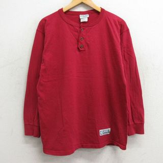 ディスカス(DISCUS)のL★古着 ディスカス 長袖 ビンテージ Tシャツ メンズ 90年代 90s 無地 コットン ヘンリーネック USA製 赤 レッド 23dec08 中古(Tシャツ/カットソー(半袖/袖なし))