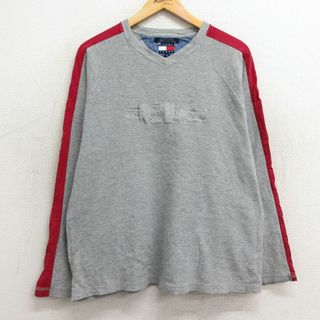 トミーヒルフィガー(TOMMY HILFIGER)のXL★古着 トミーヒルフィガー TOMMY HILFIGER トミージーンズ 長袖 ブランド Tシャツ メンズ 90年代 90s ビッグロゴ ラグラン コットン Vネック グレー 霜降り 23dec08 中古(Tシャツ/カットソー(半袖/袖なし))