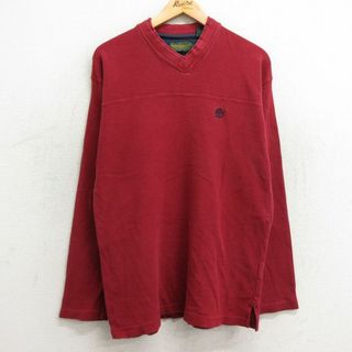 ティンバーランド(Timberland)のXL★古着 ティンバーランド 長袖 ビンテージ Tシャツ メンズ 00年代 00s ワンポイントロゴ コットン Vネック エンジ 23dec08 中古(Tシャツ/カットソー(半袖/袖なし))