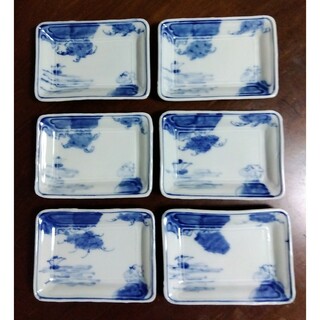 昭和レトロ　プレート (魚皿) 15×11cm　手書き染付 6枚(食器)