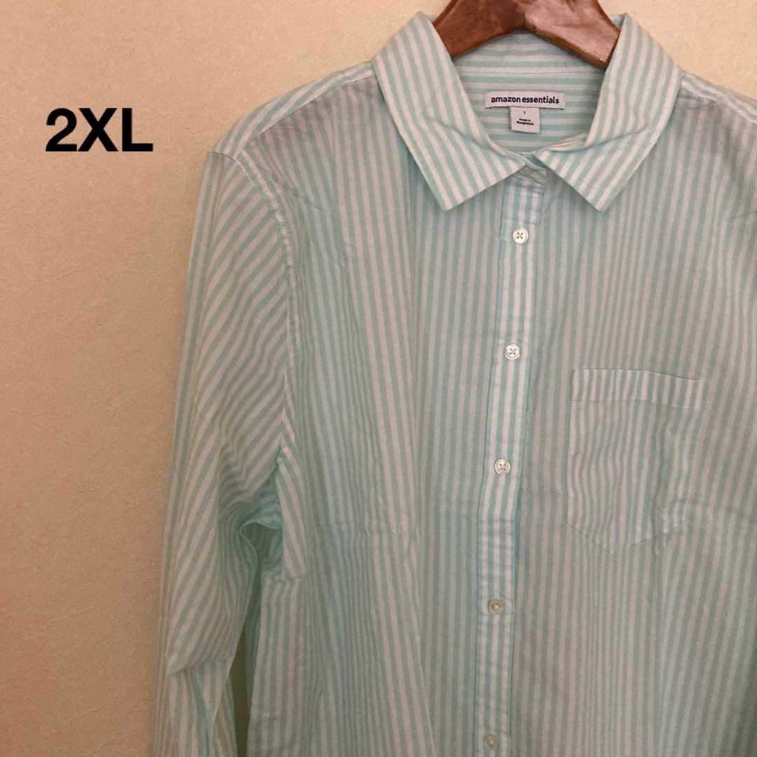 新品 長袖 シャツ ストライプ 水色 青 レディース 2XL トップス レディースのトップス(シャツ/ブラウス(長袖/七分))の商品写真