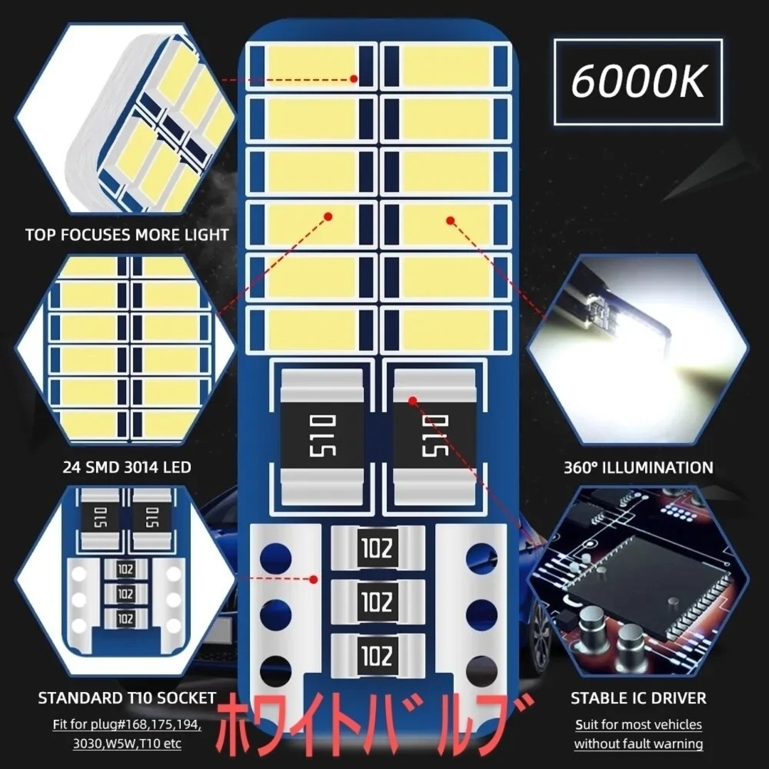 新品/LED T10 ホワイトバルブ×3個 自動車/バイクの自動車(汎用パーツ)の商品写真