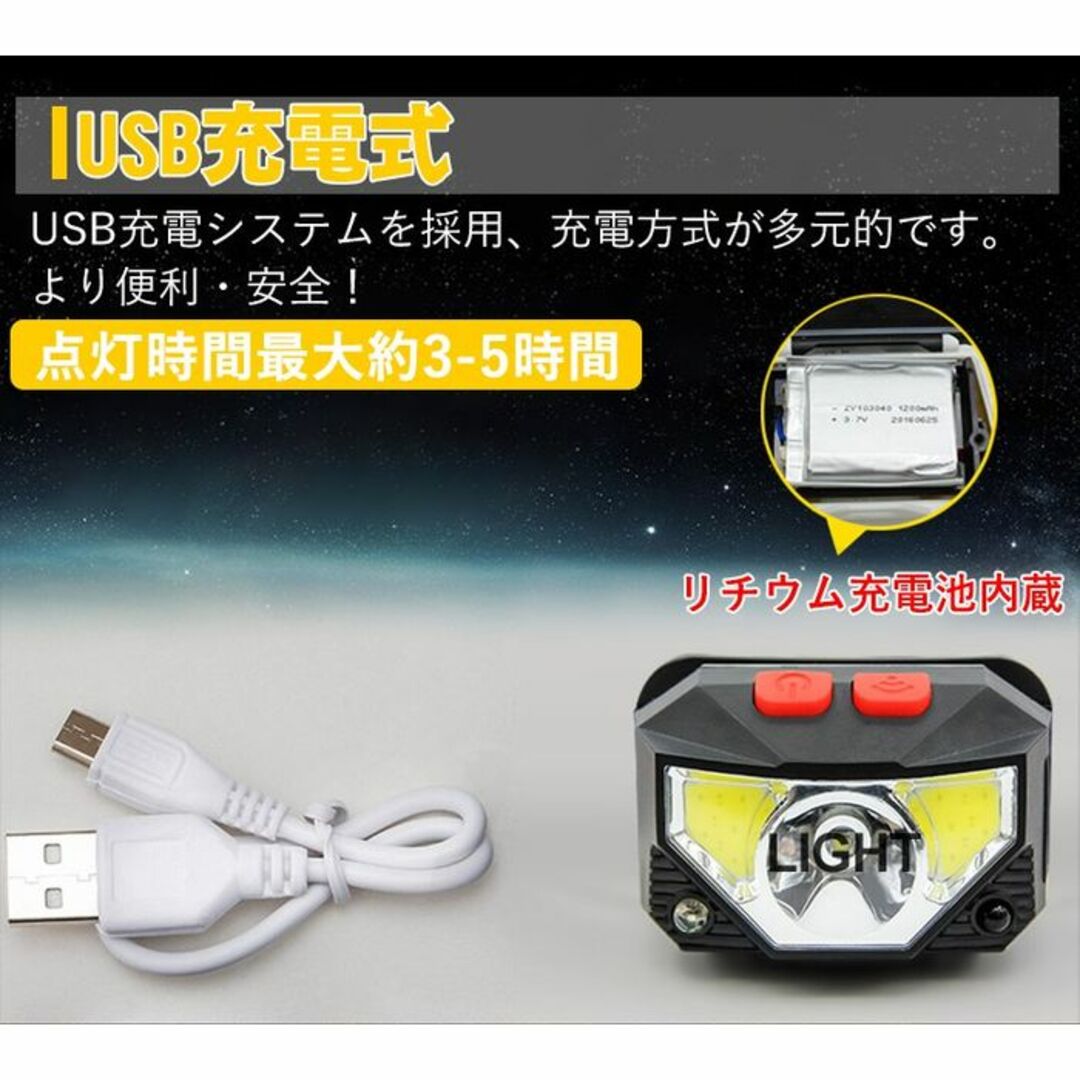 ★センサー搭載★ LED ヘッドライト USB充電 軽量 6種発光 明るさ調節 スポーツ/アウトドアのアウトドア(ライト/ランタン)の商品写真