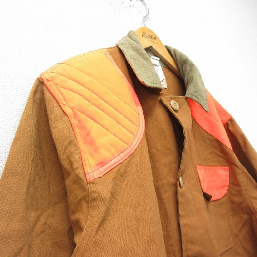 XL★古着 SAFTBAK 長袖 ハンティング ジャケット メンズ 80年代 80s 襟コーデュロイ 肩当て ツートンカラー ダック地 大きいサイズ ロング丈 コットン 茶他 ブラウン 23dec20 中古 アウター メンズのジャケット/アウター(ダッフルコート)の商品写真