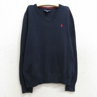 ラルフローレン(Ralph Lauren)の古着 ラルフローレン Ralph Lauren 長袖 ブランド セーター キッズ ボーイズ 子供服 ワンポイントロゴ コットン Vネック 紺 ネイビー 23dec15(シャツ/カットソー)