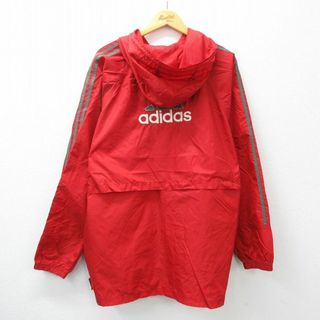 アディダス(adidas)のXL★古着 アディダス adidas 長袖 ナイロン ジャケット ベンチ コート パーカー メンズ 90年代 90s ビッグロゴ ラグラン 大きいサイズ ロング丈 赤他 レッド 3本ライン 内側メッシュ 23dec11 中古 アウター ウインドブレーカー(ダッフルコート)