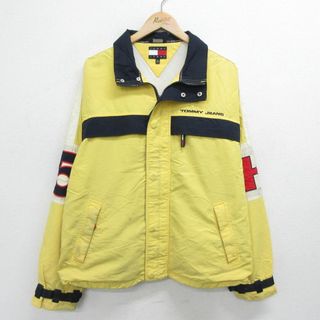 トミーヒルフィガー(TOMMY HILFIGER)のXL★古着 トミーヒルフィガー TOMMY HILFIGER トミージーンズ 長袖 ジャケット メンズ 90年代 90s ワンポイントロゴ 刺繍 黄他 イエロー 内側メッシュ 23dec18 中古 アウター ジャンパー ブルゾン(ダッフルコート)