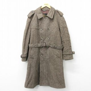 L★古着 レイクランド LAKELAND 長袖 ウール トレンチ コート メンズ 80年代 80s ツイード ロング丈 茶系 ブラウン 23dec19 中古 アウター(ダッフルコート)