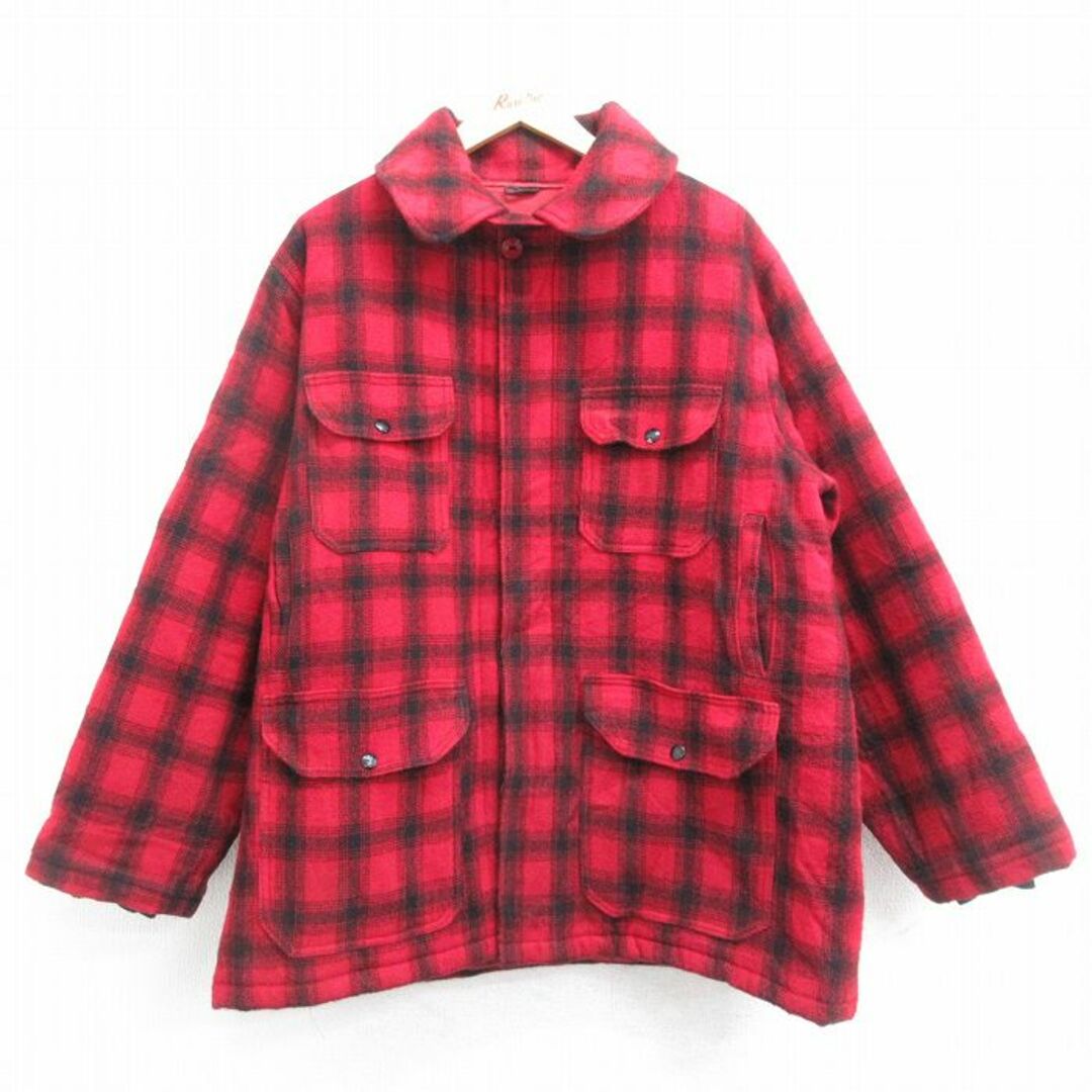 WOOLRICH(ウールリッチ)のXL★古着 ウールリッチ WOOLRICH 長袖 ウール ジャケット メンズ 90年代 90s マッキーノ USA製 赤他 レッド チェック 内側キルティング 23dec19 中古 アウター メンズのジャケット/アウター(ダッフルコート)の商品写真