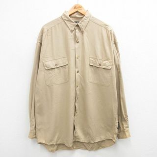 XL★古着 STRUCTURE 長袖 シャツ メンズ 00年代 00s ロング丈 シルク ボタンダウン ベージュ カーキ 23dec18 中古 トップス(シャツ)