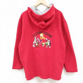 XL★古着 長袖 フルジップ スウェット パーカー メンズ 00年代 00s ルーニーテューンズ LOONEY TUNES トゥイーティー タズ バッグスバニー 刺繍 大きいサイズ 赤 レッド 23dec15 中古 スエット トレーナー トップス(パーカー)