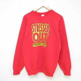 フルーツオブザルーム(FRUIT OF THE LOOM)のM★古着 フルーツオブザルーム 長袖 スウェット メンズ 90年代 90s STRESSED OUT ラグラン クルーネック USA製 赤 レッド 23dec18 中古 スエット トレーナー トップス(パーカー)