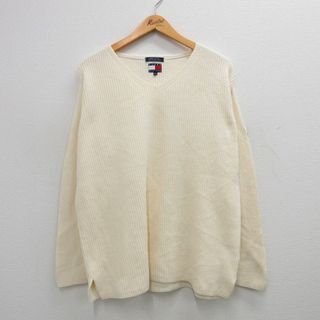 トミーヒルフィガー(TOMMY HILFIGER)のL★古着 トミーヒルフィガー TOMMY HILFIGER 長袖 ブランド セーター メンズ 90年代 90s 無地 コットン Vネック 生成り 23dec12 中古 ニット トップス(ニット/セーター)