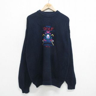 XL★古着 長袖 セーター メンズ ゴルフ 刺繍 大きいサイズ コットン クルーネック 紺 ネイビー 23dec12 中古 ニット トップス(ニット/セーター)