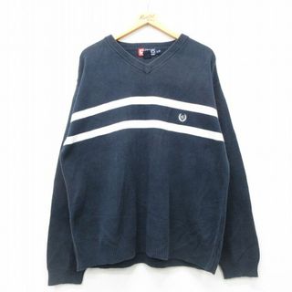 ラルフローレン(Ralph Lauren)のXL★古着 ラルフローレン Ralph Lauren チャップス 長袖 ブランド セーター メンズ 90年代 90s ワンポイントロゴ コットン Vネック 紺 ネイビー 23dec16 中古 ニット トップス(ニット/セーター)