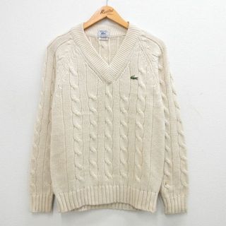 LACOSTE - M★古着 ラコステ LACOSTE IZOD 長袖 ブランド ケーブル セーター メンズ 90年代 90s ワンポイントロゴ アクリル Vネック 生成り 【spe】 23dec16 中古 ニット トップス