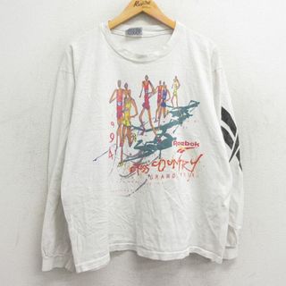 リーボック(Reebok)のXL★古着 リーボック REEBOK 長袖 ビンテージ Tシャツ メンズ 90年代 90s マラソン コットン クルーネック USA製 白 ホワイト 23dec12 中古(Tシャツ/カットソー(半袖/袖なし))