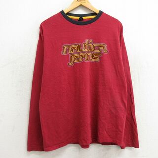 ノーティカ(NAUTICA)のL★古着 ノーティカ NAUTICA 長袖 ビンテージ ブランド Tシャツ メンズ 90年代 90s ビッグロゴ コットン クルーネック USA製 赤 レッド 23dec13 中古(Tシャツ/カットソー(半袖/袖なし))