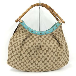 グッチ(Gucci)のGUCCI バンブー ハンドバッグ GGキャンバス キャンバス ベージュ ブルー(ハンドバッグ)