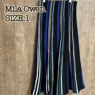 ミラオーウェン(Mila Owen)のMila Owen ミラオーウェン　プリーツスカート　青黒緑白ストライプ　1(ひざ丈スカート)