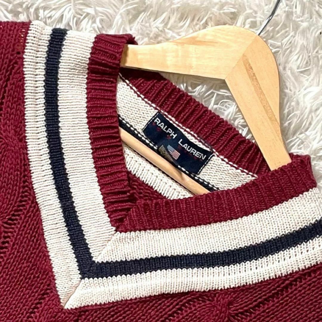 POLO RALPH LAUREN(ポロラルフローレン)の90s ポロスポーツ ラルフローレン ケーブルニット コットン ボルドー LL メンズのトップス(ニット/セーター)の商品写真