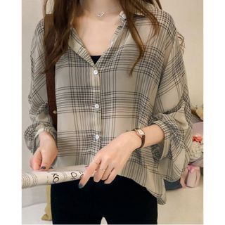 ジュノア(JUNOAH)の【極美品】JUNOAH ボリュームスリーブチェックシアーシャツ(シャツ/ブラウス(長袖/七分))