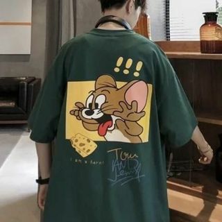 トムとジェリー オーバーサイズ アメコミ グラフィック Tシャツ グリーン(Tシャツ/カットソー(半袖/袖なし))