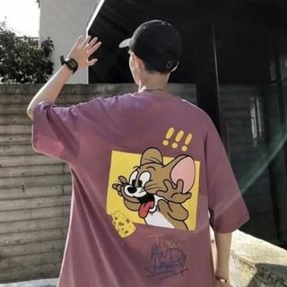 トムとジェリー オーバーサイズ アメコミ グラフィック Tシャツ ピンク(Tシャツ/カットソー(半袖/袖なし))