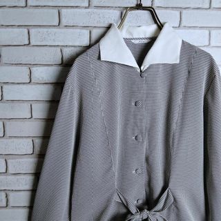 ヴィンテージ(VINTAGE)の柄シャツ☆ブラウス　ポリシャツ　長袖　白襟　リボン付き　千鳥柄　モノトーン(シャツ/ブラウス(長袖/七分))