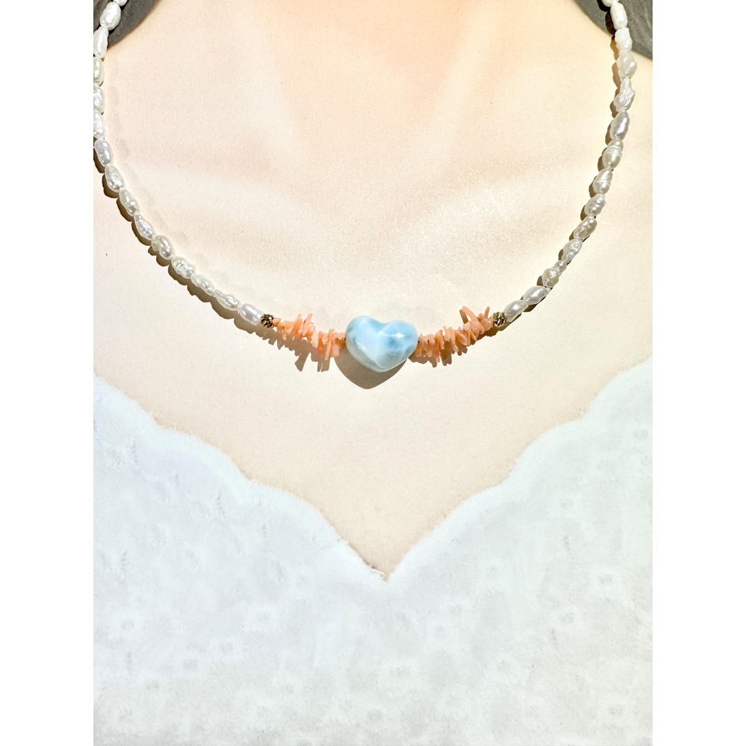 14kgf  ハートラリマー　珊瑚　淡水パール　ネックレス ハンドメイドのアクセサリー(ネックレス)の商品写真