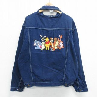 ディズニー(Disney)のXL★古着 長袖 デニム ジャケット メンズ 90年代 90s ディズニー DISNEY くまのプーさん ティガー ピグレット 刺繍 紺 ネイビー 23dec21 中古 アウター(ダッフルコート)