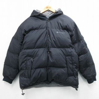 チャンピオン(Champion)のL★古着 チャンピオン champion 長袖 ダウン ジャケット パーカー メンズ 00年代 00s ワンポイントロゴ リバーシブル リップストップ 黒 ブラック 内側フリース 【spe】 23dec21 中古 アウター(ダッフルコート)