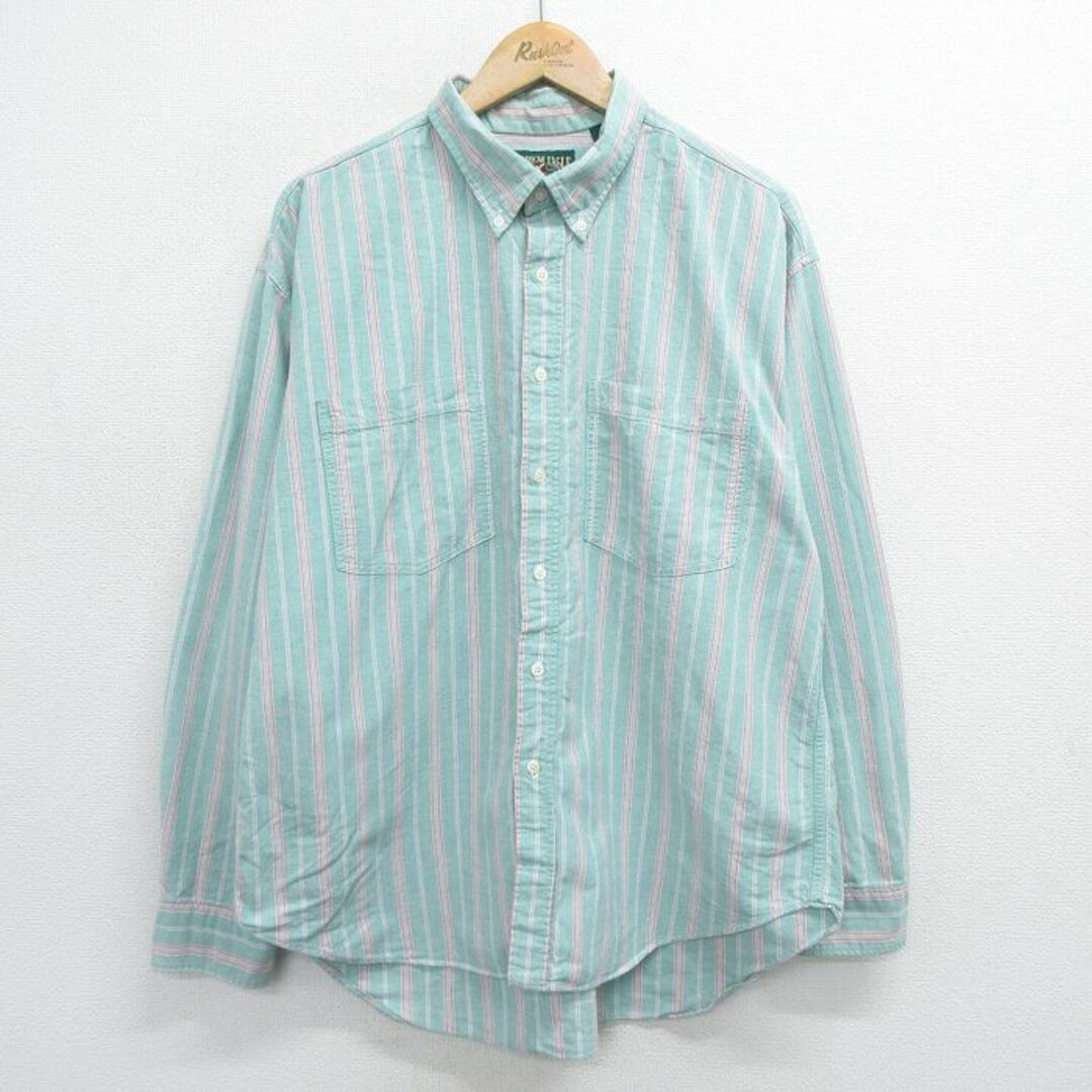 American Eagle(アメリカンイーグル)のXL★古着 アメリカンイーグル American Eagle 長袖 ブランド シャツ メンズ 90年代 90s オックスフォード コットン ボタンダウン 薄緑他 グリーン ストライプ 23dec21 中古 トップス メンズのトップス(シャツ)の商品写真