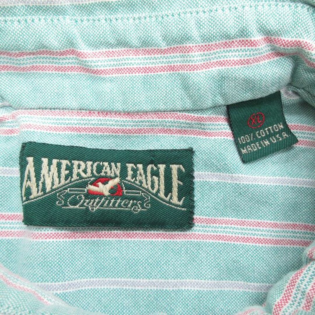 American Eagle(アメリカンイーグル)のXL★古着 アメリカンイーグル American Eagle 長袖 ブランド シャツ メンズ 90年代 90s オックスフォード コットン ボタンダウン 薄緑他 グリーン ストライプ 23dec21 中古 トップス メンズのトップス(シャツ)の商品写真