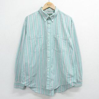 American Eagle - XL★古着 アメリカンイーグル American Eagle 長袖 ブランド シャツ メンズ 90年代 90s オックスフォード コットン ボタンダウン 薄緑他 グリーン ストライプ 23dec21 中古 トップス