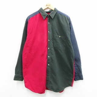 XL★古着 長袖 ヘビー フランネル シャツ メンズ 00年代 00s 大きいサイズ ロング丈 マルチカラー クレイジーパターン コットン 緑他 グリーン 23dec21 中古 トップス(シャツ)