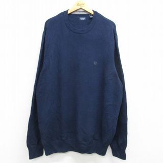 CHAPS - XL★古着 チャップス 長袖 セーター メンズ ワンポイントロゴ ロング丈 大きいサイズ コットン Vネック 紺 ネイビー 23dec22 中古 ニット トップス