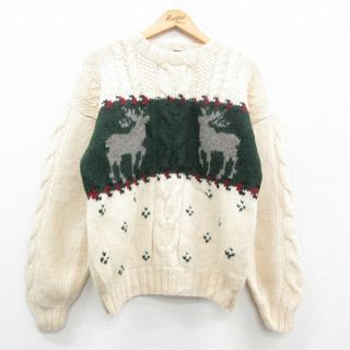 WOOLRICH - M★古着 ウールリッチ WOOLRICH 長袖 セーター メンズ 90年代 90s トナカイ ウール クルーネック ベージュ他 カーキ 23dec25 中古 ニット トップス