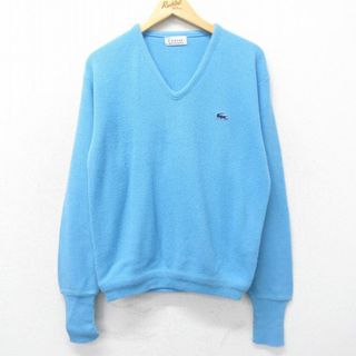 ラコステ(LACOSTE)のL★古着 ラコステ LACOSTE 長袖 ブランド セーター メンズ 80年代 80s ワンポイントロゴ USA製 水色 23dec26 中古 ニット トップス(ニット/セーター)