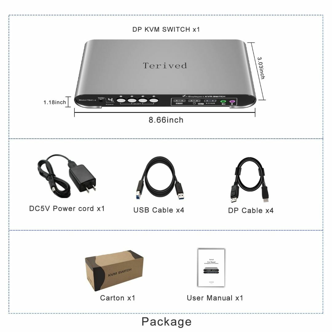 Terived 4入力1出力 DP USB3.0 KVMスイッチ スマホ/家電/カメラのPC/タブレット(PC周辺機器)の商品写真