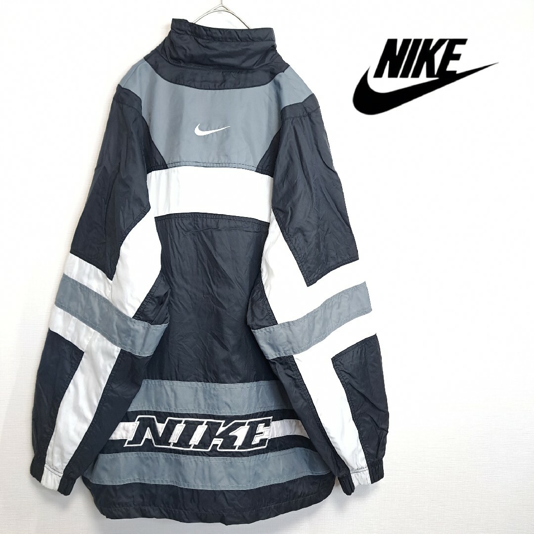 NIKE(ナイキ)の【美品】NIKE 銀タグ 90s ビッグロゴ ナイロンジャケット 黒×白 M メンズのジャケット/アウター(ナイロンジャケット)の商品写真