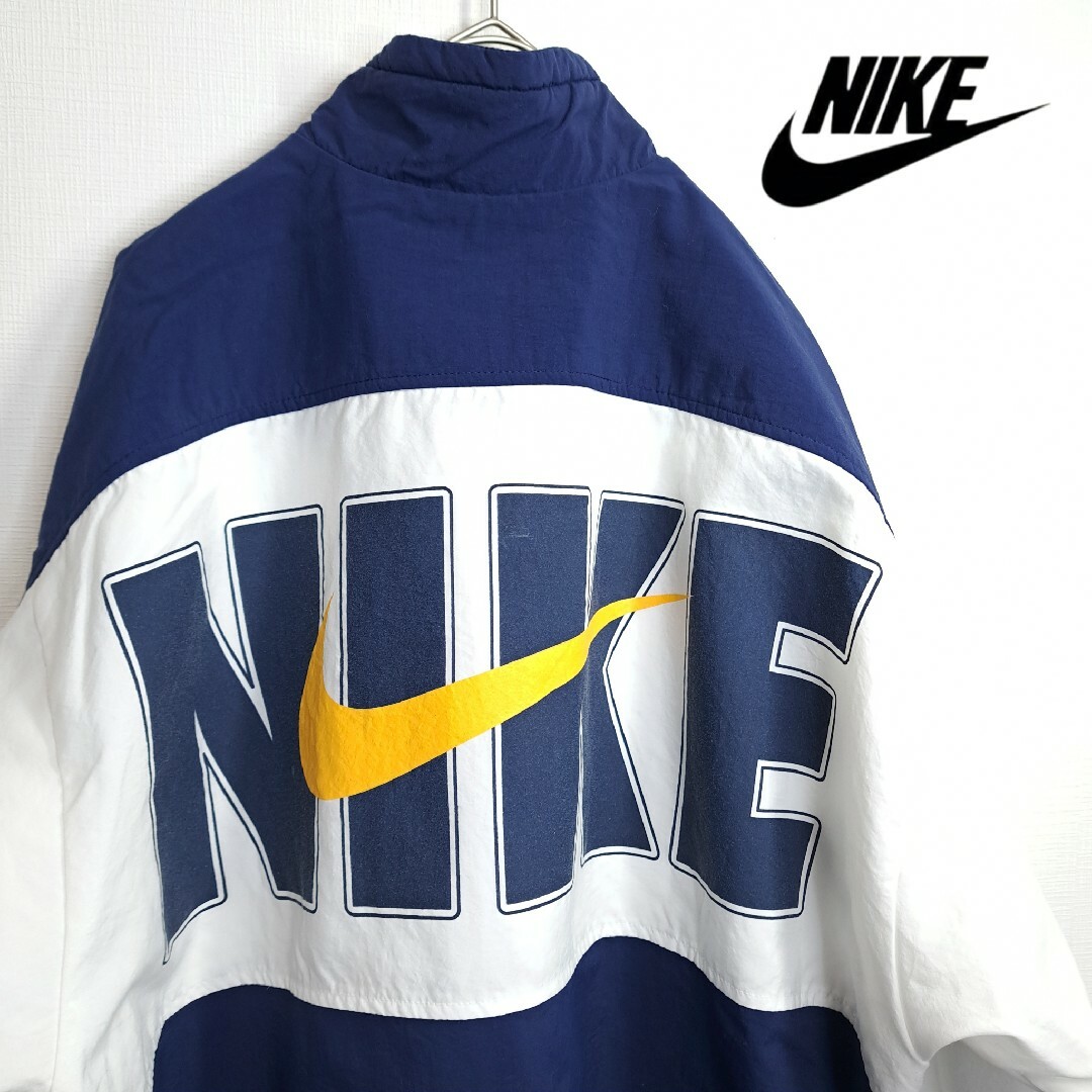 NIKE(ナイキ)の【美品】NIKE 銀タグ 90s ビッグロゴ ナイロンジャケット 白×紺 S メンズのジャケット/アウター(ナイロンジャケット)の商品写真