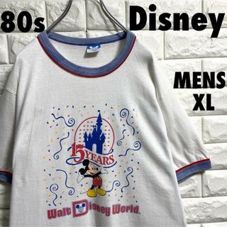 ディズニー(Disney)の80s ディズニー　ミッキープリント　リンガーTシャツ　USA製　XLサイズ(Tシャツ/カットソー(半袖/袖なし))