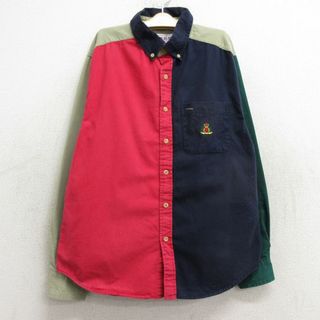 古着 長袖 シャツ キッズ ボーイズ 子供服 90年代 90s クレイジーパターン マルチカラー コットン ボタンダウン 紺他 ネイビー 24jan10(シャツ/カットソー)