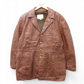 L★古着 長袖 レザー ジャケット メンズ 80年代 80s ロング丈 開襟 オープンカラー 茶 ブラウン 内側ボア 24jan10 中古 アウター 革ジャン 皮ジャン(ダッフルコート)