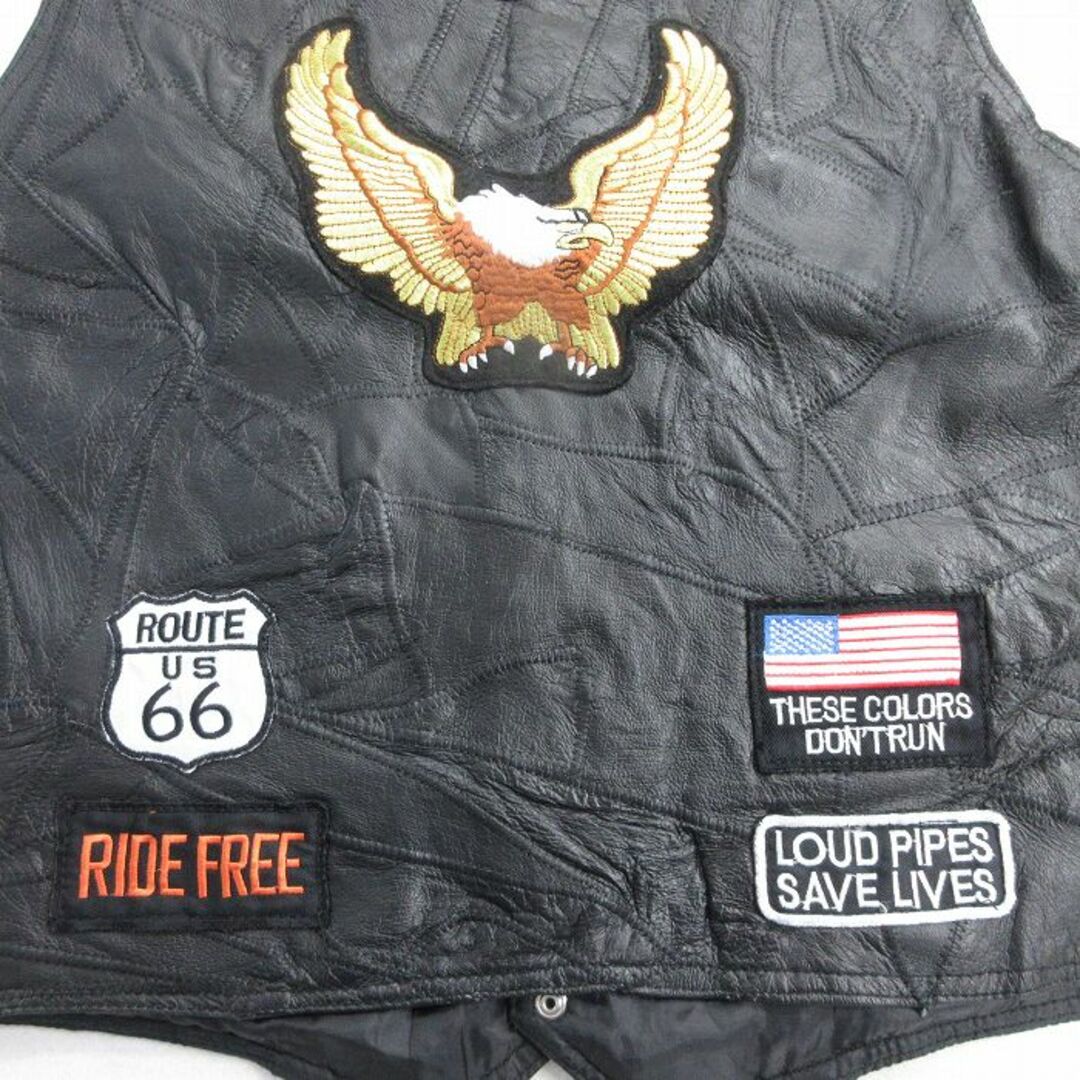 L☆古着 レザー ベスト メンズ 鳥 パッチワーク 黒 ブラック L☆古着 レザー ベスト メンズ 鳥 パッチワーク 黒 ブラック