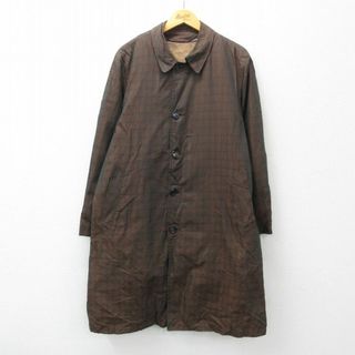 XL★古着 長袖 コート メンズ 80年代 80s ロング丈 茶系 ブラウン チェック 内側ボア 24jan10 中古 アウター(ダッフルコート)