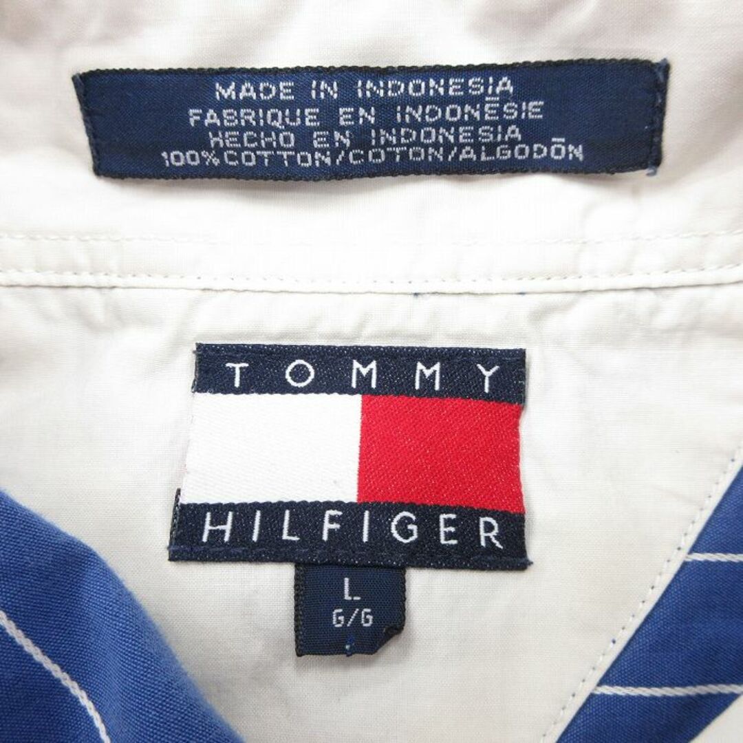 TOMMY HILFIGER(トミーヒルフィガー)のXL★古着 トミーヒルフィガー TOMMY HILFIGER 長袖 ブランド シャツ メンズ 90年代 90s ワンポイントロゴ 大きいサイズ コットン ボタンダウン 紺他 ネイビー ストライプ 24jan05 中古 トップス メンズのトップス(シャツ)の商品写真