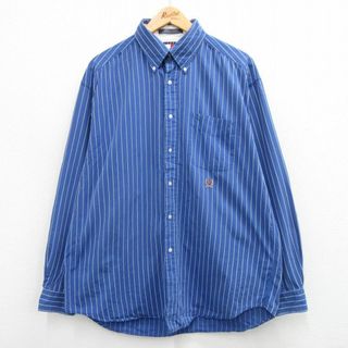 トミーヒルフィガー(TOMMY HILFIGER)のXL★古着 トミーヒルフィガー TOMMY HILFIGER 長袖 ブランド シャツ メンズ 90年代 90s ワンポイントロゴ 大きいサイズ コットン ボタンダウン 紺他 ネイビー ストライプ 24jan05 中古 トップス(シャツ)